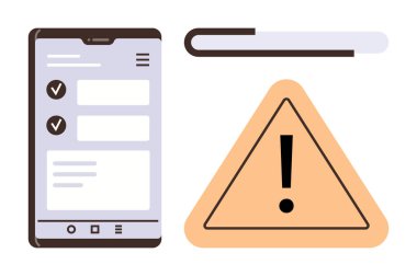 Kontrol listesi, ilerleme çubuğu ve dikkat üçgeni ile akıllı telefon arayüzü. Uygulamalar, uyarılar, uyarılar, ilerleme takibi, kullanıcı arayüzü dijital iletişim için idealdir. Basit düz