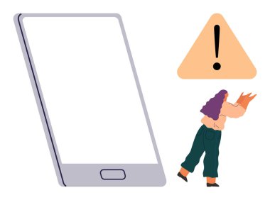 Üçgen uyarı işareti olan büyük bir akıllı telefon ve dikkat çekmeye çalışan bir kişi. Teknoloji, güvenlik, alarm, uyarı, bilgilendirme, mobil iletişim, kullanıcı etkileşimi temaları için ideal. Temiz