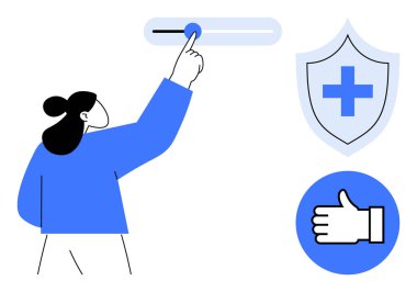 Kadın kaydırıcıyı ayarlıyor. Bitişik elementler arasında çapraz ve başparmak ikonlu bir kalkan yer alıyor. Güvenlik, sağlık, onay, karar verme, koruma, sağlık, basit iniş sayfası için ideal