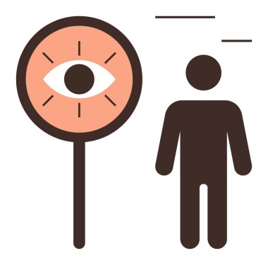 İnsan figürünün yanındaki göz işareti farkındalığı, dikkati, odaklanmayı, gözlemlemeyi, görüşü, farkındalığı, gözetlemeyi sembolize eder. Eğitim için ideal, psikoloji güvenliği kişisel büyüme algısı basit