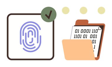 İkili kodlu bir dosya klasörünün yanında doğrulama işaretli parmak izi simgesi. Siber güvenlik, kimlik denetimi, veri yönetimi, gizlilik koruması, dijital erişim, güvenlik için ideal