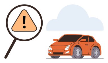 Büyüteç, turuncu bir arabanın ve minimalist bir bulutun yanında sarı uyarı levhasını yükseltiyor. Otomotiv güvenliği, yol tehlikesi, uyarı sistemleri, denetim, teknoloji, trafik bilinci için ideal