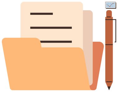 Kapalı klasör kağıtları, yanında kahverengi kalem, dijital çizelge. Ofis, organizasyon, veri depolama, yönetim, eğitim, dijital kayıtlar için ideal basit düz metafor