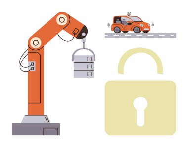 Robotik kol bir konteynırı kaldırıyor, sensör dalgalı akıllı bir araba ve büyük bir asma kilit. Otomasyon, teknoloji, siber güvenlik, yenilik, yapay zeka ve veri koruması için ideal. Basit düz metafor