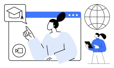 Mezuniyet şapkası ikonundaki video çağrı noktaları aracılığıyla sanal seminere katılan kişi, eğitimi temsil ediyor. E-öğrenim platformu, çevrimiçi eğitim, uzaktan öğrenme, küresel bağlantı, dijital