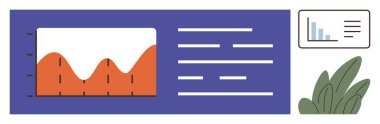 Zirveli veri tablosu, metin bölümleri, bar çizelgesi gereci ve görsel denge için bitki. Analiz, iş raporu, istatistik, veri görselleştirme, araştırma sunumu için ideal düz