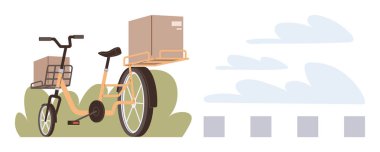 Ön ve arka raflarda kutular taşıyan kargo bisikleti, bulutlu çimenli bir açık hava sahnesine karşı. Ulaşım, dağıtım, lojistik, eko-yaşam, hareketlilik, yeşil çözümler için ideal
