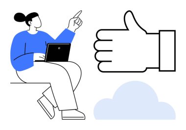 Yukarıya bakan dizüstü bilgisayarı olan bir kadın, onay için büyük baş parmak işareti, ilham için ışık bulutu. Takım çalışması, verimlilik, başarı, üretkenlik, motivasyon, geri bildirim sade iniş için ideal