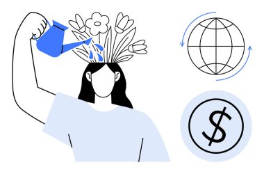 Kadın kafasına su döker, çiçekler büyümeyi simgeler. Küre ve dolar işareti küresel sürdürülebilirliği ve finansal başarıyı iletir. Kendi kendini yetiştirme, yetiştirme, sürdürülebilirlik ve finansman için ideal