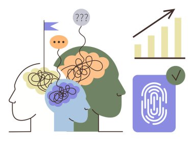 İnsan kafasındaki karmaşık düşünceler sorularla, parmak izi taramasıyla ve büyüme grafiğiyle bağlantılı. Problem çözme, kimlik, kişisel gelişim, zihinsel sağlık, analitik, strateji basit düz