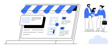 Ürün listeleri, indirim etiketleri ve vitrin güneşliği olan bir dizüstü bilgisayar ekranında çevrimiçi mağaza arayüzü. Yakınlarda iki işadamı belgeleri değiş tokuş ediyor. E-ticaret, girişimcilik ve iş için ideal.