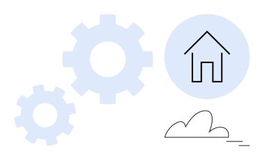 Vites, çizilmiş ev ve bulut ev sistemleri, yenilik, işbirliği ve verimlilik fikirlerini çağrıştırıyor. Teknoloji, süreçler, akıllı mühendislik gelişimi için ideal tasarım basit düz