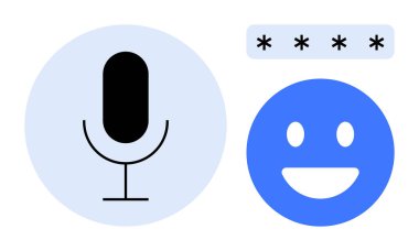 Ses kontrolünü temsil eden mikrofon kullanıcı memnuniyeti için gülen yüz güvenlik için şifre yıldızları. Teknoloji için ideal, UI tasarımı, ses yapay zekası, güvenlik, erişilebilirlik, kullanıcı arayüzü basit