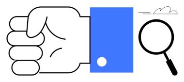 Mavi kollu kapalı bir el büyüteç yanında, odaklanmayı, kararlılığı ve keşfi çağrıştırıyor. Analiz, araştırma, problem çözme, strateji, odaklanma eylemi için ideal basit düz metafor