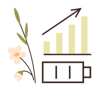 Büyümeyi, sürdürülebilirliği, yeşil enerjiyi, yenilenebilir enerjiyi, iş geliştirmeyi, ekolojik bilinçli çözümleri ve dengeli kaynak kullanımını sembolize etmek için bitkisel dal, çubuk ok ve batarya