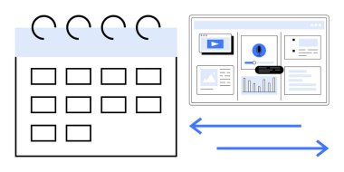 Grafikler, medya bağlantıları ve senkronizasyonu gösteren okları olan bir veri panelinin yanında takvim ızgarası. Zaman yönetimi, planlama, üretkenlik, zamanlama, işbirliği, veri paylaşımı için ideal