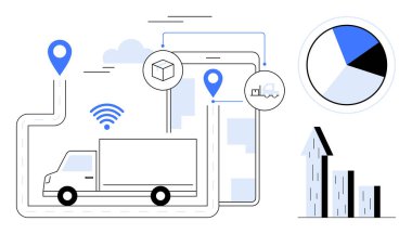 GPS izleme, kablosuz bağlantı, grafikler ve veri güdümlü lojistik ve tedarik zinciri optimizasyonunu simgeleyen büyüme ikonlarına sahip bir kamyon. Teslimat, nakliye, analiz, büyüme ve teknoloji için ideal