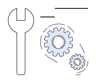 Hareket halindeki çarkların yanında bir ingiliz anahtarı araçları, takım çalışmasını ve sistem optimizasyonunu temsil eder. Tamir, mühendislik, mekanik, problem çözme, üretkenlik ve teknik hizmetler için ideal