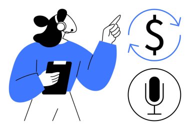 Pano takan, kulaklık takan, işaret dilimi ve mikrofon ikonu takan bir kadın destek ajanı. Müşteri hizmetleri, danışmanlık, finans, eğitim, çağrı merkezi, iletişim için ideal