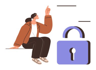 Büyük bir asma kilidin yanında oturan ve yukarıyı işaret eden kadın güvenliği vurguluyor. Siber güvenlik, veri koruması, çevrimiçi erişim, kişisel güvenlik, gizlilik, büyüme için ideal, basit düz metafor