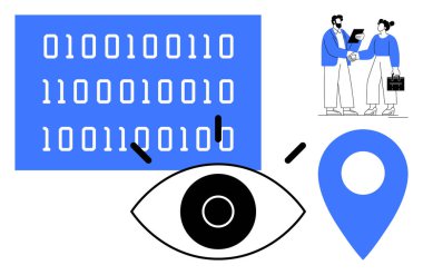 İkili kod paneli, göz ışıklandırıcı odak, lokasyon iğnesi ve iki profesyonel etkileşim. Analiz, veri güvenliği, konum hizmetleri, takım çalışması, araştırma teknolojisi yenilikleri için idealdir.