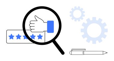 Büyüteç, beş yıldızlı derecelendirme kartı, vites ve kalem altında el çabukluğu. Müşteri geribildirim, kalite kontrol, analiz, hizmet iyileştirme, ürün değerlendirmeleri iş stratejisi için ideal