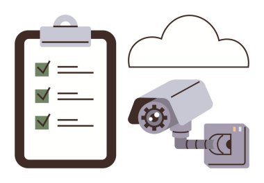 İşaretli görevleri, bulut simgesi ve güvenlik kamerası olan panodaki kontrol listesi. Organizasyon, siber güvenlik, güvenlik, uyum, veri depolama görev yönetimi için ideal. Basit düz metafor