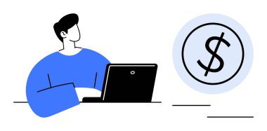 Bilgisayarda çalışan kişi büyük dolar simgesi ile finans, kazanç ve çevrimiçi işlemleri sembolize ediyor. Serbest çalışma, uzak çalışma, mali yönetim, çevrimiçi ödeme, e-ticaret bütçesi için ideal