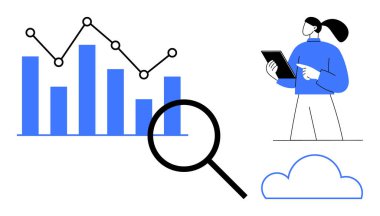 Grafik, çizelge, büyüteç, tablet tutan kadın ve bulut. Veri analizi için ideal, iş görüşleri, teknolojik çözümler, bulut hesaplama piyasa araştırma stratejisi basit planlama