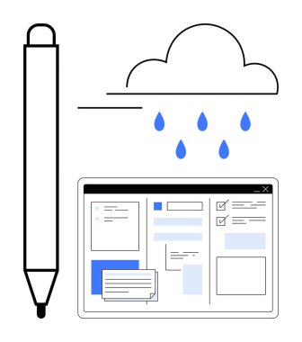Bir stil ile birlikte metin, grafik ve kontrol listesi tasarımı ile bir tablet ekranına veri yağmuru. Uzak çalışma, üretkenlik, bulut hesaplama, organizasyon, veri paylaşımı için ideal, basit teknoloji