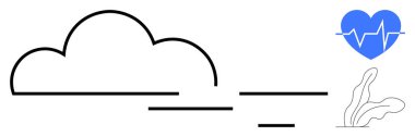 Basit siyah bulut çizgisi, mavi kalbin içinde dijital kalp atışı ikonu, minimalist yapraklar. Sağlık, sağlık, sürdürülebilirlik, eko-yaşam, teknoloji çevre verileri için idealdir. Basit düz metafor