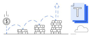 Yükselen oklu para yığınları finansal büyümeyi, düşen parayı, dijital dosyaları ve bulut simgesini simgeliyor. Finans, başarı, yatırım, ekonomi, veri stratejisi için ideal basit iniş sayfası