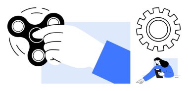 Hareket halindeki el hareketi çevirici, büyük vites sembolü ve tablet kullanan biri. Odaklanma, üretkenlik, yaratıcılık, rahatlama, mekanik, problem çözen basit iniş sayfası için ideal