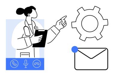 Doktor pano tutuyor, vites sembolünü ve zarfı gösteriyor, dijital iletişim araçlarıyla çevrili. Sağlık, teknoloji, iletişim, uzaktan çalışma, teletıp, üretkenlik için ideal