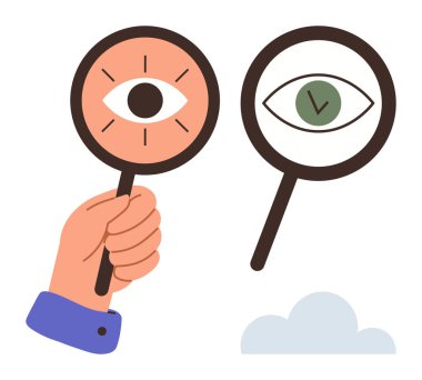 Işınlı açık göz merceği ve elle tutulan yeşil tick-göz lensi. Teftiş, değerlendirme, odaklanma, analiz, görüş, hassasiyet ve onay teması için ideal. Basit düz metafor