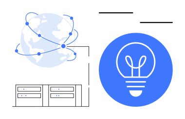 Küresel ağ oluşturmayı, veri paylaşımını, yeniliği, teknolojiyi, bulut depolamayı, dijital dönüşümü, basit iniş sayfasını sembolize eden bağlı düğümler, veri sunucuları ve ampulü olan dünya