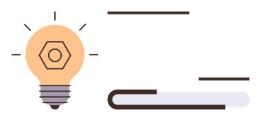 Bir kitabın yanında altıgen bir elementle parlayan ampul bilgi, yaratıcılık ve yeniliği sembolize eder. Eğitim, öğrenim, fikirler, ilham, beyin fırtınası, araştırma verimliliği için ideal