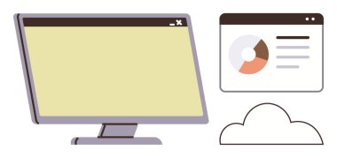 Masaüstü monitörü, pasta grafikli veri paneli ve veri paylaşımını, analitiği ve bulut teknolojisini öneren bulut taslağı. Yenilik için ideal, takım çalışması, bilgisayar teknolojisi iş akışı. Basit düz