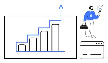 Yükselen eğilimli büyüme tablosu, profesyonel fikir ampulü ve tarayıcı penceresi. Ticari büyüme, yenilik, analitik, strateji planlaması, girişimcilik, liderlik ve başarı için ideal