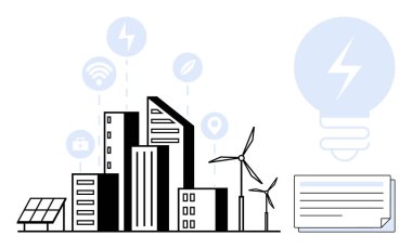 Gökdelenleri, rüzgar türbinleri, güneş panelleri, akıllı teknoloji ikonları ve ampulleri olan modern şehir manzarası. Sürdürülebilirlik, yenilenebilir enerji, bağlantı, akıllı teknoloji yeniliği için ideal