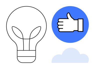 Eko-yaprak elementli ampul, mavi daireli baş parmak ve bulut simgesi. Sürdürülebilirlik, yenilik, geri bildirim, çevre, temiz enerji, onaylar ve basit iniş sayfası için ideal