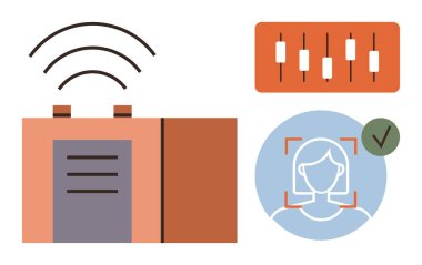 Kablosuz sinyal yayan akıllı cihaz yüz tanıma sistemi ve ayarlanabilir kontrol ayarlarıyla eşleştirildi. Teknoloji, güvenlik, IOT, otomasyon, biyometri, mahremiyet, basit daire için ideal