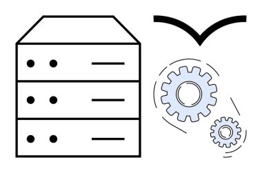 Sistem otomasyonunu ve optimizasyonunu gösteren vitesli sunucu yığını. Teknoloji, veri yönetimi, bulut hesaplama, bilişim hizmetleri, süreç verimliliği, yenilik, basit düz metafor için ideal