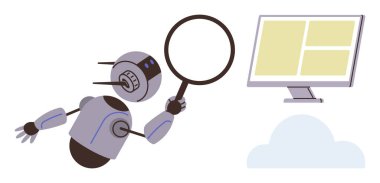 Robot elinde büyüteçle bilgisayar ekranını tarıyor. Analizi, yapay zekayı ya da araştırmayı gösteriyor. Yenilik, teknoloji, veri analizi, makine öğrenimi, otomasyon bulutu için ideal