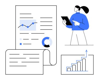 Grafikler, grafikler ve büyüme analizlerinin yer aldığı bir raporun yakınındaki bir tabletteki profesyonel inceleme verileri. İş, veri analizi, strateji, performans değerlendirmesi, eğitim ve finansman için ideal