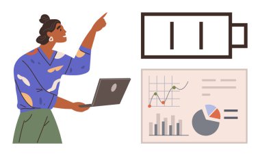 Dizüstü bilgisayar tutan bir kadın, düşük akü seviyesine doğru hareket ediyor ve ekran çubuk grafikleri, pasta grafiği ve çizgi grafiğini gösteriyor. İş, enerji, yorgunluk, teknoloji, iş hayatı dengesi için ideal