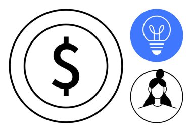 Finansmanı yenilik ve yaratıcılıkla vurgulayan dolar işareti, bir ampul ile temsil edilen, fikir ve iş için bir kadın portresi aracılığıyla insan odaklı odak ile eşleştirildi. Finans için ideal