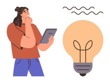 Bir ampul ikonunun yanında tablet tutan düşünceli bir kadın. Yaratıcılık, yenilik, beyin fırtınası, problem çözme, öğrenme, karar verme ve dijital fikirler için idealdir. Basit bir düz metafor.