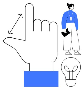 Okla şekillendirilmiş el, ölçeklendirme jestini gösteren, pano takan mavi elbiseli kadın, fikirler için ampul. Büyüme, yaratıcılık, takım çalışması, tasarım, yenilik üretkenlik teknolojisi için idealdir. Basit.