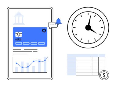 Saat ve veri tablosunun yanında para birimi detaylarıyla kredi kartı, grafik ve bildirim simgesini gösteren tablet ekranı. Finans, bankacılık, bütçe, yatırım, zaman izleme ve veri analizi için ideal